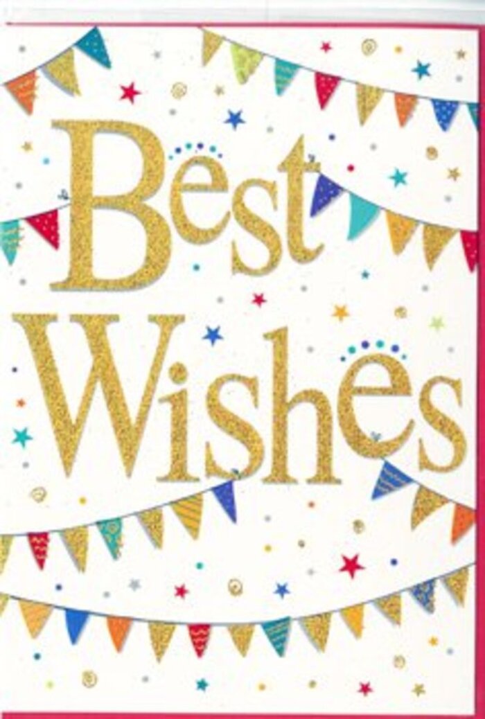 The congratulations card in the image captures the essence of a joyful celebration, as if it has gathered all the happy moments of Rush Green into one simple, stylish design. At its heart, the words Best Wishes are written in generous, flowing gold script across a pristine white background. The lettering looks glossy and lightly raised, so you can imagine running a fingertip over each curve of the letters and feeling the subtle texture of the metallic finish. This golden phrase shines with a gentle glow, echoing the warmth of congratulating someone on a new job, a big move, or a personal achievement. Framing the central message are graceful arcs of bunting-one nearer the top edge of the card and another sweeping along the bottom. Each tiny flag is rendered in bright, celebratory colours: deep ocean blues, cherry reds, grassy greens, citrus yellows, and soft pastels that remind you of balloons at a neighbourhood party. Some pennants are neatly striped, others sprinkled with tiny dots or intricate patterns, giving the impression that every flag has its own story, just like the people and families who live around Rush Green. Scattered across the white space between the bunting and the lettering are delicate stars and confetti-like specks, tiny bursts of colour that suggest movement and laughter, as though the design has been frozen at the very height of a celebration. The overall feeling is one of cheerful sophistication-festive but not fussy-making it an ideal card to slip into a hand-tied bouquet sent to share good news, wish someone luck, or simply send warm, heartfelt best wishes across the local area.