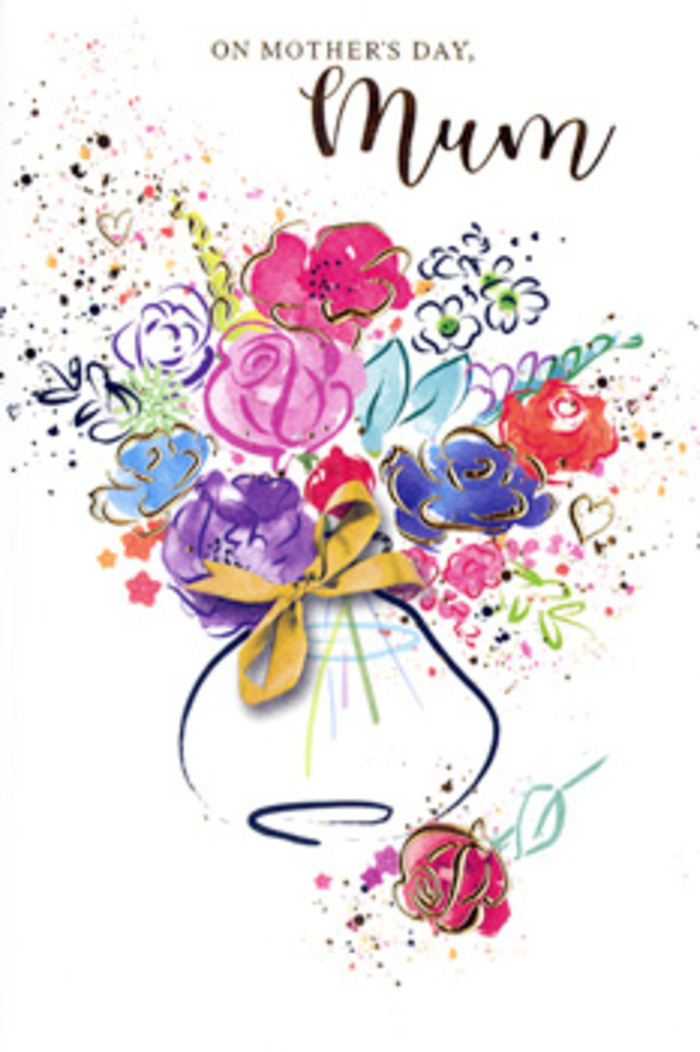 The illustration on this Mother's Day card portrays a jubilant bouquet that seems to leap from the page, as though someone in Rush Green had quickly sketched their feelings with brush and water rather than pen and ink. Hot pink blossoms mingle with splashes of indigo, apricot, and bright chartreuse foliage, each colour layered in loose strokes that overlap and bleed into one another, echoing the layered nature of family memories. Metallic gold accents gently outline certain petals and leaves, catching the eye with a soft shimmer that recalls the glow of evening light falling on front gardens near Dagenham Road. Rather than a strictly realistic rendering, the flowers are suggested with confident, gestural marks: rounded shapes hint at roses, airy clusters suggest wildflowers, and elongated dashes become leaves fluttering outward as if caught in a breeze. The bouquet appears to spring from a whimsical vase, whose wide curve and narrow base are painted in gentle washes of colour, softly fading into the white background. Around its neck, a delicately painted golden bow sits neatly tied, evoking the care of a florist finishing an arrangement just before it goes out for local delivery. Small specks of pigment, heart shapes, and feathered splatters echo around the bouquet like scattered petals on a table in a Rush Green living room after unwrapping a gift. The overall mood is one of exuberant gratitude and genuine admiration, making the card feel less like a flat design and more like a flowering sketchbook page, saved and treasured as a reminder of a very special Mother's Day.