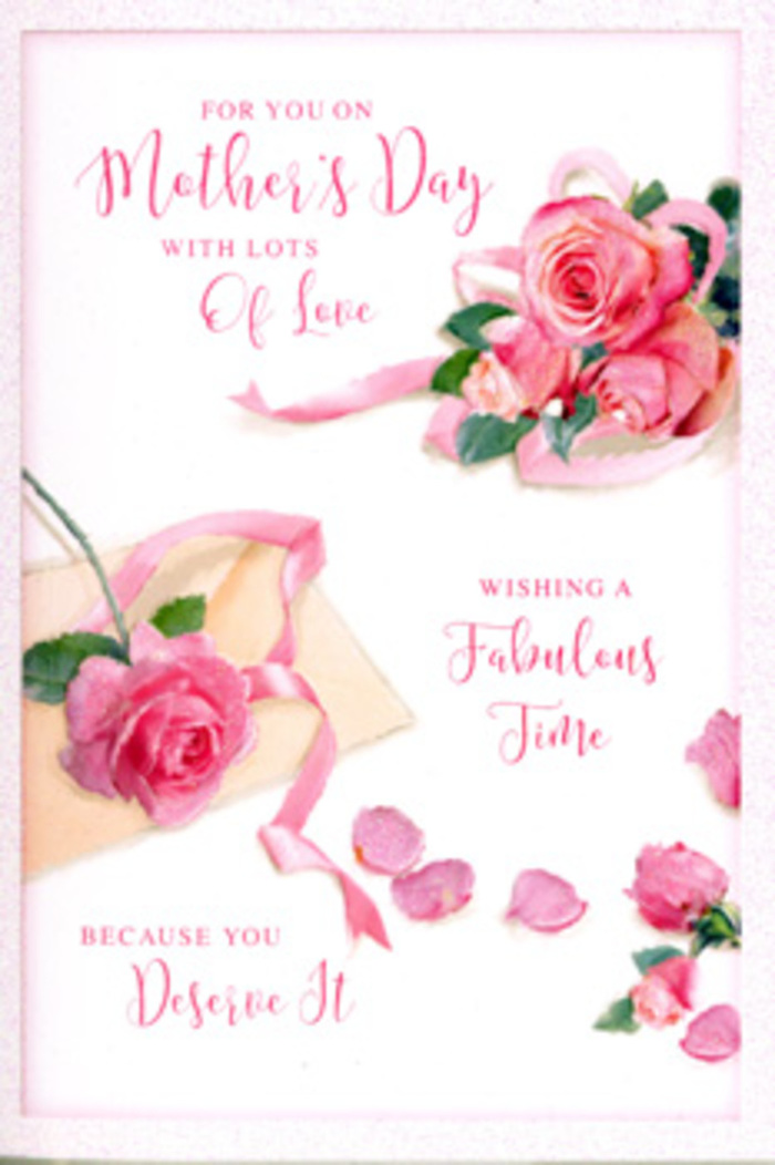 The Mother's Day card in this image is arranged like a delicate floral vignette, reminiscent of a small bouquet resting on a sideboard in a Rush Green home after a surprise delivery. A cluster of pink roses gathers near one corner, each bloom in full, layered glory. Their petals graduate from soft, milky pink at the edges to richer, romantic rose tones toward the centre, creating a sense of depth and natural movement. The roses are painted or printed with such precision that you can almost imagine the soft, velvety feel beneath your fingertips and the light, classic fragrance drifting through the air. Scattered around the main group, individual petals lie gently on the white card surface, as though a breeze from an open window near Romford Road has just passed across them. These petals introduce whimsy and spontaneity, balancing the more formal structure of the central bouquet. A flowing, handwritten-style message in elegant script arcs across the design, expressing heartfelt Mother's Day sentiments. The letters curl and loop gracefully around the floral elements, creating a visual rhythm that mirrors the gentle curves of rose stems and petals. A pale ribbon winds through part of the arrangement, its soft twist and sheen suggesting the careful final touch of a florist tying off a special gift. The overall lighting is soft and flattering, with subtle shadows giving the roses a three-dimensional presence against the calm white ground. This card evokes that tender moment of pausing, perhaps over tea in a Rush Green kitchen, to read loving words and admire the beauty of flowers chosen just for Mum.