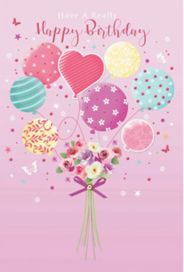 This charming birthday design feels like a celebration drifting across the rooftops of Rush Green, where art and floristry meet in a wash of pastel colour. The background is a soft, powdery pink, like the inside of a seashell, against which a cluster of floating balloons takes centre stage. Each balloon glows in gentle shades of pale sunshine yellow, rosy fuchsia, seafoam green, and lavender, with patterns that alternate between whimsical ribbons, tidy stripes, tiny dots, and delicate floral swirls. One balloon, slightly larger and heart-shaped, appears to hold a quiet wish, suggesting affection and closeness. Suspended beneath this airy bouquet, a petite hand-tied arrangement of roses and daisy-like blooms gathers at the base, their petals shaded from cream through blush to a deeper rose, as if brushed by the first light of morning near Romford Road. The flowers feel freshly cut and cool to the touch, with a fragrance you can imagine as softly sweet and comforting-perfect for a birthday breakfast in bed or an evening gathering. A sparkling purple bow pulls the stems together with a hint of elegance, the satin catching imaginary highlights like water on silk. Tiny butterflies and star-like accents flit around the design, giving the impression that the whole scene is gently in motion, lifted by laughter and birthday wishes. This image captures the essence of a thoughtfully crafted birthday bouquet in Rush Green, where every detail-from colour harmony to playful patterning-speaks of care, celebration, and the joy of making someone feel truly special.