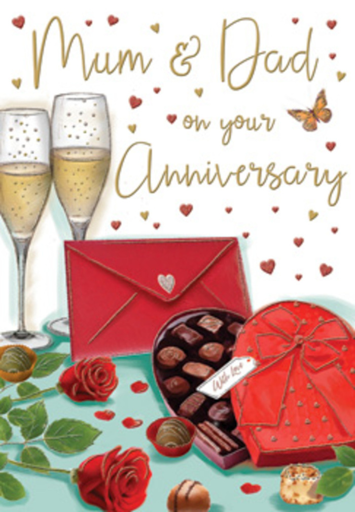 The anniversary card depicted here is designed as a rich, romantic tableau that could easily accompany a flower delivery to proud parents in Rush Green. In the foreground, a deep red, heart-shaped box sits slightly askew, its lid propped open to reveal an inviting array of chocolates. Each piece is detailed with smooth, rounded edges and a subtle sheen, capturing that irresistible look of fine confectionery. A wide, satin bow in matching crimson arcs over the lid, its folds drawn with enough detail that you can almost feel the silky texture. Just to the side, a pair of velvety red roses lie gently on the table, their petals layered like soft fabric, framed by fresh, glossy green leaves that evoke the careful selection a professional florist would make for an anniversary bouquet. Behind them, two tall champagne flutes stand together, their clear stems slender and elegant. The glasses are filled with golden champagne, tiny bubbles rising in delicate streams, echoing the glow of evening light you might see filtering through windows along nearby Rush Green Road. Around the central elements, tiny hearts in crimson and gold drift across a creamy background, creating a sense of movement and celebration. The words Mum & Dad appear in graceful, hand-lettered script, giving the card an affectionate family focus. A red envelope, sealed and ready, rests at one corner, suggesting a heartfelt message has been carefully written for this milestone. The composition feels indulgent yet tender, capturing the essence of long-lasting love, shared treats, and the simple pleasure of raising a glass together at home in Rush Green.