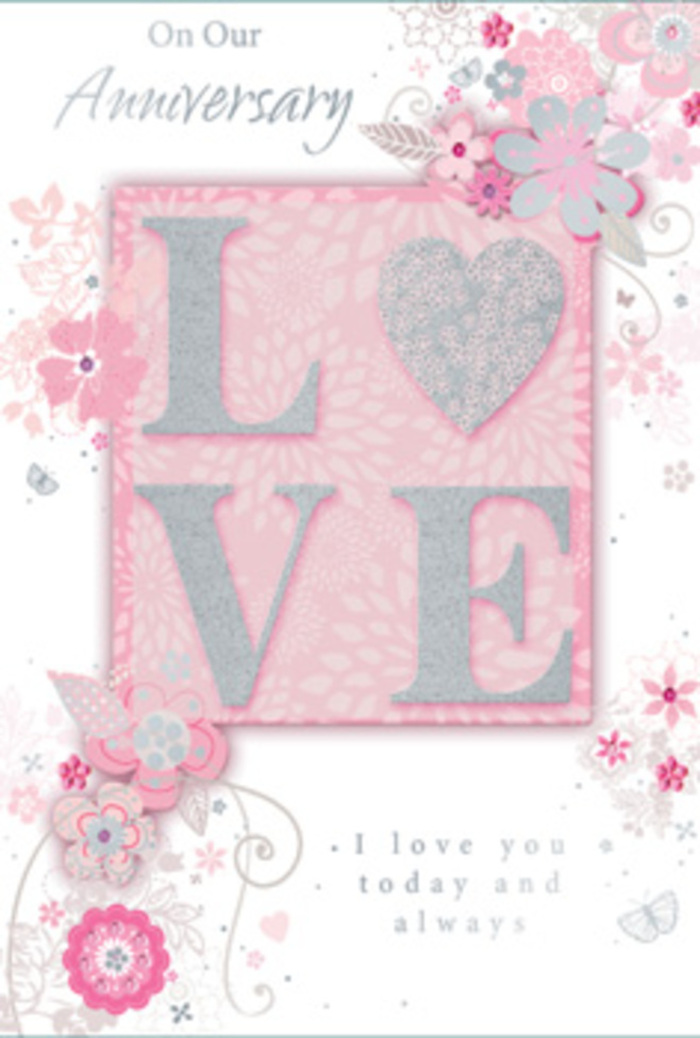 Displayed as if propped on a mantelpiece in a Rush Green sitting room, this anniversary card opens onto a scene filled with warmth and quiet gratitude. The central motif, the word LOVE, is printed in a gently elongated typeface and picked out in frosted glitter, so that each raised letter glimmers when it catches the light, just like the sheen on freshly cut petals in a florist's studio near Eastern Avenue. The background is a soft wash of blush pink that deepens slightly toward the edges, creating a subtle frame that keeps the focus on the sentiment. Around the main word, wispy, hand-drawn blooms drift along the borders, their petals shaded in pink, lilac, and creamy ivory. These flowers are not bold or overpowering; instead, they appear as graceful sketches, similar to the first outline of a hand-tied bouquet, with tendrils of foliage curling between them. Fine filigree lines, dainty leaves, and a few almost-hidden butterflies weave through the design, adding a sense of gentle motion, like a light breeze that might stir the trees along Rush Green Road. The composition feels airy yet considered, the way a florist might balance fragrance, colour, and texture to create something that whispers rather than shouts. Inside and along the front of the card, a simple message-I love you today and always-is set in understated, elegant type, inviting a quiet pause. The entire card feels like a bouquet translated into paper: tactile, romantic, and thoughtfully arranged, ideal for couples who celebrate their anniversary with a soft, enduring kind of love.