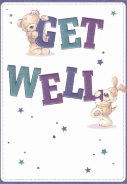 A sense of gentle encouragement radiates from this illustrated get well card, as two delightful friends-a huggable bear and a floppy-eared pup-interact on a field of crisp white, echoing the peaceful garden squares found around Rush Green. Both figures are rendered with lovingly detailed strokes, their tender postures and bright eyes communicating boundless comfort. The bear perches playfully atop the curving 'GET,' while the pup leans affectionately into the bold 'WELL', giving the sentiment extra dimension and cheer. Deep purples and fresh teals adorn the lettering, providing an uplifting contrast to the serene background, just as vivid blooms might enliven a bouquet created for recovery. Star motifs, scattered like twinkling hopes, complete the scene-a reminder of the small wonders hidden in every wish sent from Flowers Rush Green, whether to a neighbour near Romford Road or a friend lounging in their sunny front room. This card embodies the nurturing spirit of our area, delivering not just a message, but the soothing comfort of community care.
