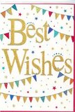This congratulations card feels like a miniature street party captured in print, much like a cheerful gathering in Rush Green on a bright afternoon. At the centre of the design, the greeting Best Wishes is written in confident, sweeping gold script, the letters gleaming softly as if they have been brushed with metallic paint or foil. The gold stands out beautifully against a clean white background, giving the card a fresh, airy feel while still looking special and celebratory. Above and below the message, strands of bunting arc gracefully across the card, creating a frame of colour and movement. Each tiny triangular flag is painted in vibrant tones-bold reds, blues, greens, yellows, and playful pinks-and many of them are adorned with their own tiny designs, from stripes and dots to small mosaic-like shapes. These details give the bunting the lively character of decorations strung between houses during a community celebration. Around and between the bunting and lettering, small stars and round confetti dots are scattered in coordinating colours, as if tossed up into the air in a burst of joy. They add a sense of gentle motion, like decorations swaying in a soft breeze over a back garden gathering. The card's overall mood is bright, supportive, and full of positivity, ideal for pairing with a bouquet delivered to mark a milestone-such as a new school place, a promotion, or a move to a new home. It offers a simple yet heartfelt way to send sincere best wishes within the Rush Green community.