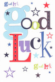 This bold, cheerful good luck card is laid out against a clean white background, its message arranged like a little celebration on paper. The words Good Luck dance across the centre in an eclectic mix of fonts and colours: oversized pastel-blue letters curve softly alongside deep ruby reds, mossy greens, and rich violets, each character feeling as if it has been carefully chosen and hand-painted by a designer with a playful eye. Scattered around the lettering are tiny five-pointed stars in navy, indigo, sky-blue, lavender, and zesty lime, some crisp and bold, others softly faded, giving the impression of a night sky drifting over Rush Green Park or a clear evening above the shops on Rush Green Road. The card's surface looks smooth and high-quality, the sort of sturdy cardstock you can almost feel between your fingers, cool and reassuring, with the print sitting flat yet visually lively. There is no clutter or extra imagery, just generous white space that lets every colour breathe, as if the message has room to grow right along with the person receiving it. The overall mood is upbeat and encouraging, the design perfect for tucking beside a fresh bouquet delivered to a doorstep nearby, whether someone is starting a new job in Romford, sitting an important exam, or heading off for an exciting move. From a florist's perspective, it carries the same sense of optimism as tying the final ribbon around a congratulations arrangement - a small, thoughtful detail that quietly says, I believe in you, and good things are coming.