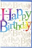 The birthday card pictured feels like a compact celebration, the sort of cheerful touch we often add to flower orders heading out around Rush Green. Bold, rounded letters spell out Happy Birthday across the centre, each one filled with a lively gradient that sweeps through shades of ruby, coral, golden yellow, bright lime, sky blue, and deep violet. The colour transitions are silky and fluid, evoking the way flower petals shift in tone within a single bloom, creating a look that is rich without being overpowering. Behind this central greeting, the entire background is woven with graceful gold script repeatedly spelling out Happy Birthday to you. The script curls and loops diagonally, as if written by hand with a fine metallic pen, and it glints gently when the light hits, suggesting a hint of shimmer embedded in the ink. This golden backdrop creates a soft, sparkling tapestry that supports the bolder lettering in front. Tiny, scattered stars and faint specks of colour add movement and a sense of confetti drifting through the air, like a surprise party unfolding in someone's living room just off Romford Road. The card appears to have a smooth, slightly glossy finish, with crisp printing that makes each letter and line feel carefully crafted. Overall, the design blends fun and elegance in equal measure, making it a fitting companion to a vibrant birthday bouquet delivered locally in Rush Green, where the card's colours and sentiment help transform an ordinary day into a treasured celebration.