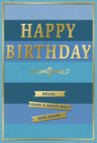 This stylish birthday card presents a scene of calm celebration, combining cool blue tones with touches of shimmering gold that would look perfectly at home on a windowsill in Rush Green. The background is made up of strong, horizontal bands of colour, each stripe a slightly different shade of blue-midnight navy, denim, soft sky, and hints of teal-stacked one above the other to create a smooth ombre effect. Across this layered sea of blue, the words HAPPY BIRTHDAY stretch confidently in large, capital letters, embossed in bright metallic gold. The foil catches passing light, giving the letters a subtle glow reminiscent of evening sun glancing off nearby shopfronts along Rush Green Road. Just beneath the main greeting sits a decorative gold flourish, a graceful scroll that feels both classic and inviting, like an elegant underline to the message. Lower on the card, three narrow golden banners are arranged in a vertical line, each ribbon gently overlapping the next. These banners carry a friendly, relaxed sentiment broken into three parts: Relax, have a great day and enjoy! The text is neatly printed and easy to imagine tracing with a fingertip. A fine gold line frames the entire design, keeping the composition neat and contained. The card gives off a sense of quiet joy and thoughtful intention, more like a heartfelt conversation than a loud shout. It's easy to picture this card paired with a freshly arranged bouquet delivered locally in Rush Green, creating a birthday gesture that feels both polished and comfortingly personal.