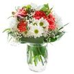 This joyful arrangement, expertly crafted in Rush Green, radiates an uplifting freshness that instantly brightens any space. At its core, plush coral carnations display swirling, undulating petals that invoke feelings of celebration and hope, while snowy white chrysanthemums and daisy-like blooms punctuate the bouquet with purity and cheerfulness. Each daisy's distinctive yellow-green heart adds a lively spark reminiscent of children playing in local parks. Threads of delicate baby's breath drift throughout, their airy clusters softening the bouquet's outlines, while glossy green leaves fold protectively around the flowers, suggesting warmth and togetherness. Nestled amid the blossoms are several tightly closed magenta alstroemeria buds-quiet yet promising future beauty. The entire display resides in a transparent glass vase brimming with fresh water that amplifies the bouquet's natural vitality, the stems stretching down in clear view. Illuminated by daylight, with no harsh shadows, the vivid hues and intricate forms of each flower are accentuated. Such a bouquet would make a delightful birthday offering, a gesture of comfort, or a bright focal point for a family table in Rush Green, reflecting the thoughtful touch of local florists and the generous heart of the community.