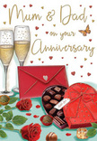 This illustrated anniversary card creates a romantic scene that feels warmly familiar, like an intimate celebration at home in Rush Green. At the back of the image, two slender champagne flutes stand close together, filled with pale golden fizz that shimmers with captured light. Fine bubbles rise inside the glass, giving the sense of a shared toast just moments away. In front of them, a heart-shaped box of chocolates in deep red takes pride of place. The lid is open, revealing rows of tempting chocolates with softly rounded tops, while a bold, satin red bow drapes elegantly across the box, adding a touch of luxury. Resting alongside are two lush, red roses, their velvety petals full and gently curling at the edges, framed by fresh green foliage that calls to mind the kind of premium stems chosen by Flowers Rush Green for anniversary bouquets. A few scattered chocolates lie on the tabletop, lending a relaxed, indulgent feel, as if the couple has already begun to enjoy their treats. Across the warm, neutral background, delicate crimson and gold hearts float around a hand-lettered message for Mum & Dad, emphasising the card's role in celebrating parents' enduring love. In one corner, a scarlet envelope, neatly sealed, suggests a written message of gratitude and affection waiting to be opened. The overall mood is soft, romantic, and celebratory, mirroring the gentle glow of an evening spent reminiscing and raising a glass after flowers and cards have been delivered to a family home tucked just off Romford Road in Rush Green.
